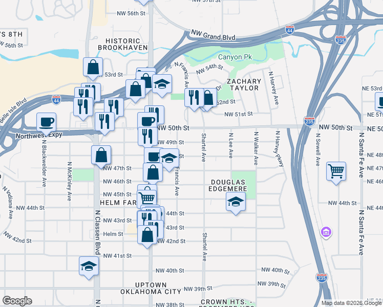 map of restaurants, bars, coffee shops, grocery stores, and more near 832 Northwest 48th Street in Oklahoma City