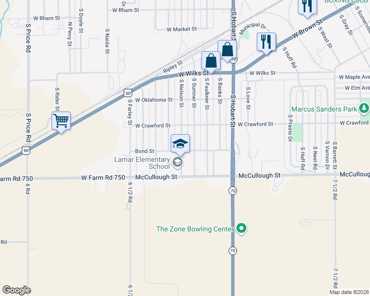 map of restaurants, bars, coffee shops, grocery stores, and more near 1226 South Sumner Street in Pampa