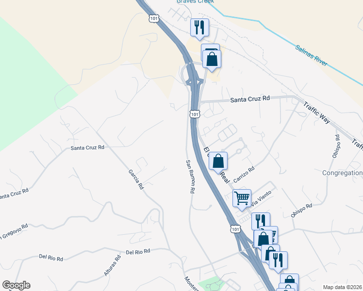 map of restaurants, bars, coffee shops, grocery stores, and more near 1250 San Ramon Road in Atascadero