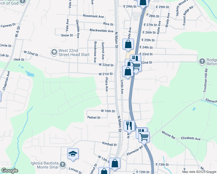 map of restaurants, bars, coffee shops, grocery stores, and more near 1900 Plaza Avenue in Kannapolis