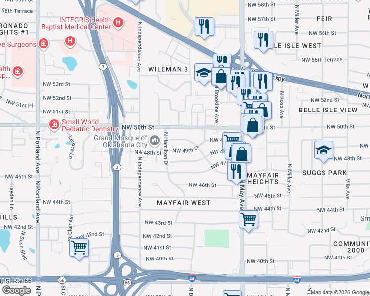 map of restaurants, bars, coffee shops, grocery stores, and more near 3109 Northwest 48th Street in Oklahoma City