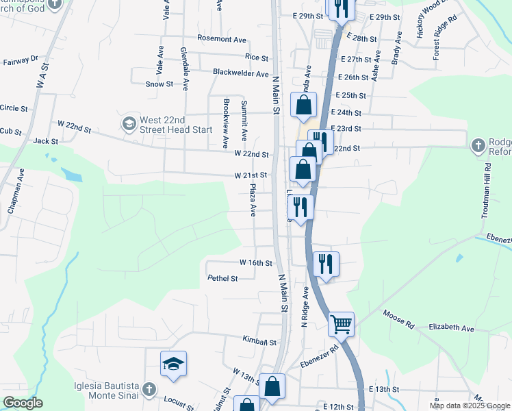 map of restaurants, bars, coffee shops, grocery stores, and more near 1900 Plaza Avenue in Kannapolis