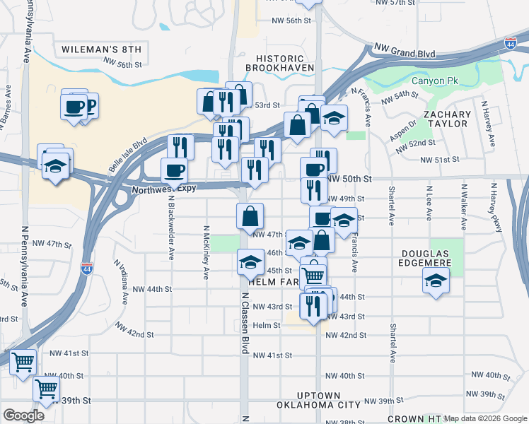 map of restaurants, bars, coffee shops, grocery stores, and more near 1217 Northwest 47th Street in Oklahoma City