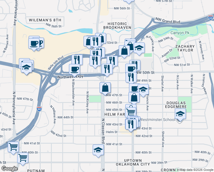 map of restaurants, bars, coffee shops, grocery stores, and more near 1217 Northwest 47th Street in Oklahoma City