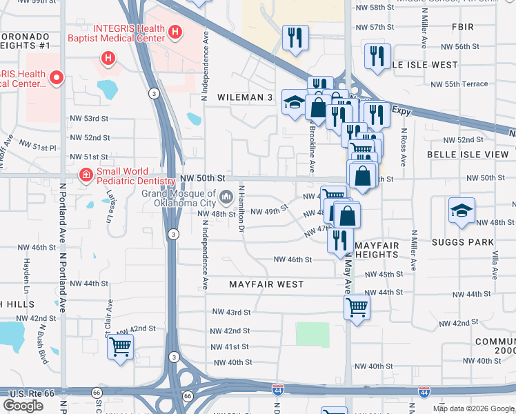 map of restaurants, bars, coffee shops, grocery stores, and more near 3141 Northwest 48th Street in Oklahoma City