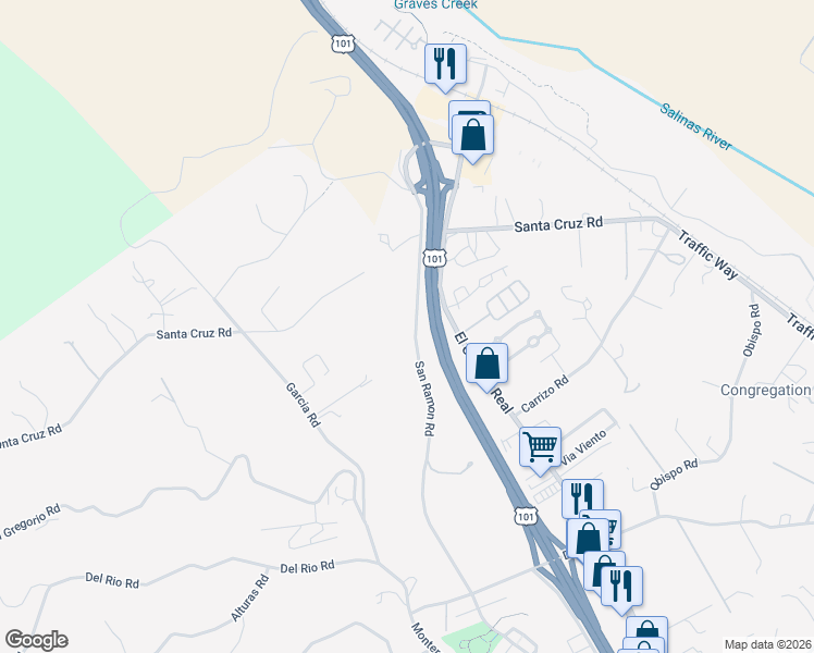 map of restaurants, bars, coffee shops, grocery stores, and more near 1250 San Ramon Road in Atascadero
