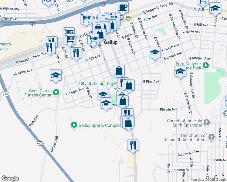 map of restaurants, bars, coffee shops, grocery stores, and more near 800 South 3rd Street in Gallup