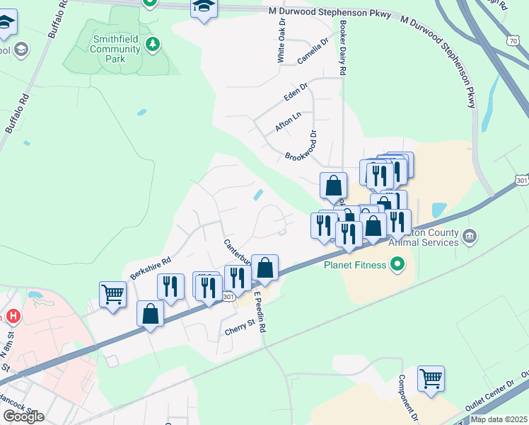 map of restaurants, bars, coffee shops, grocery stores, and more near 22 North Sussex Drive in Smithfield