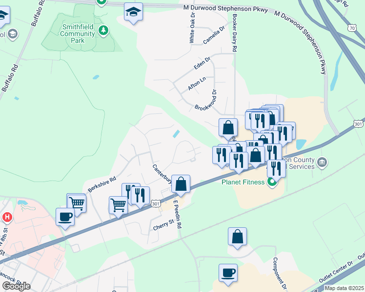 map of restaurants, bars, coffee shops, grocery stores, and more near 24 North Sussex Drive in Smithfield