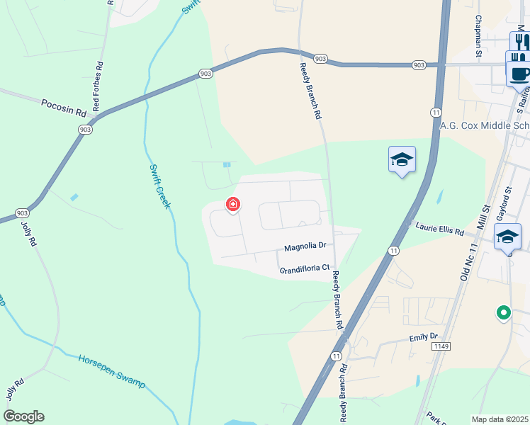 map of restaurants, bars, coffee shops, grocery stores, and more near 304 Crimson Drive in Winterville