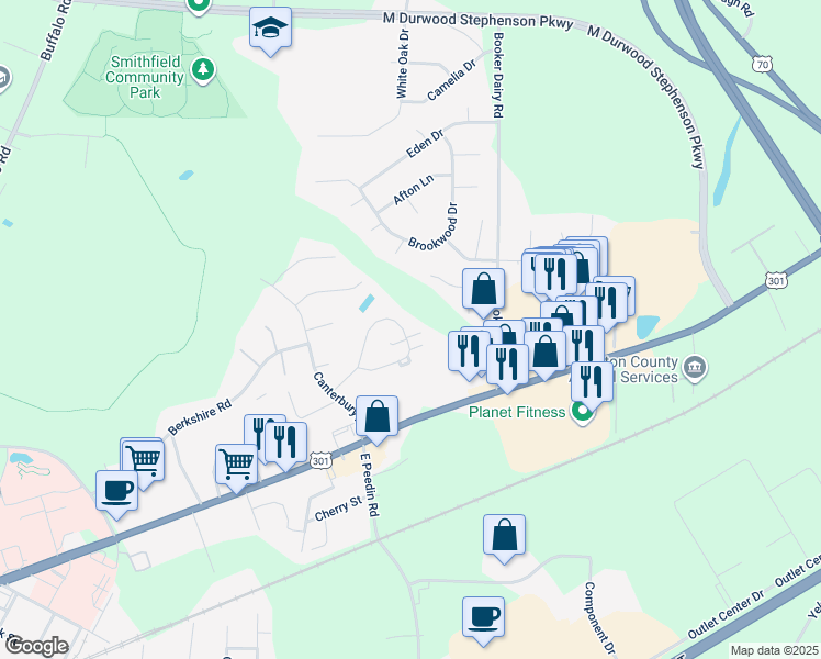 map of restaurants, bars, coffee shops, grocery stores, and more near 59 North Sussex Drive in Smithfield