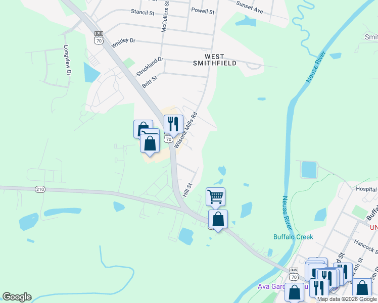 map of restaurants, bars, coffee shops, grocery stores, and more near 200 Wilsons Mills Road in Smithfield