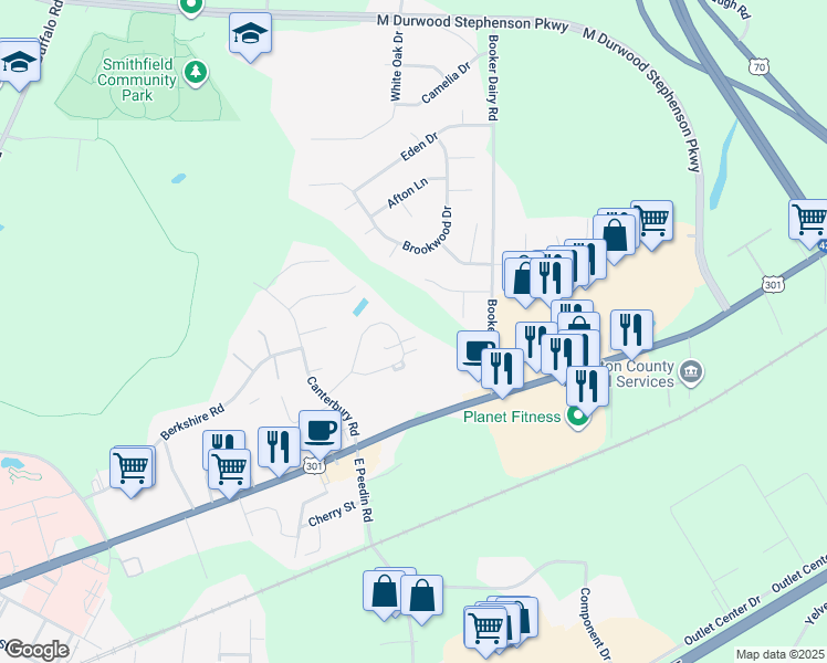 map of restaurants, bars, coffee shops, grocery stores, and more near 63 North Sussex Drive in Smithfield