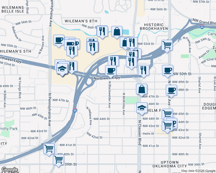 map of restaurants, bars, coffee shops, grocery stores, and more near 5000 North Blackwelder Avenue in Oklahoma City