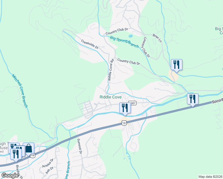 map of restaurants, bars, coffee shops, grocery stores, and more near 192 Riddle Cove Road in Maggie Valley