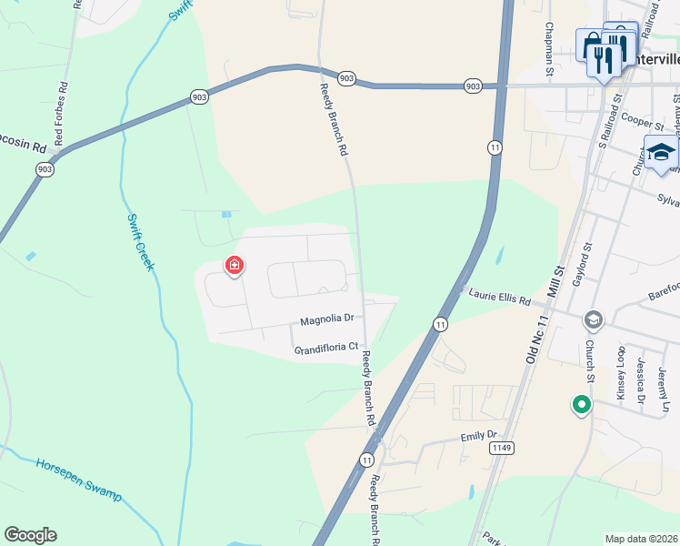 map of restaurants, bars, coffee shops, grocery stores, and more near 422 Crimson Drive in Winterville