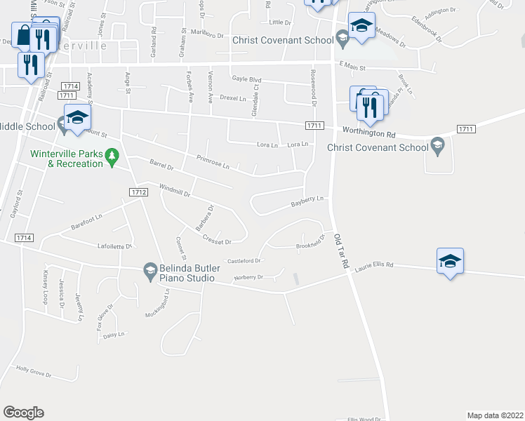 map of restaurants, bars, coffee shops, grocery stores, and more near 611 Bayberry Lane in Winterville