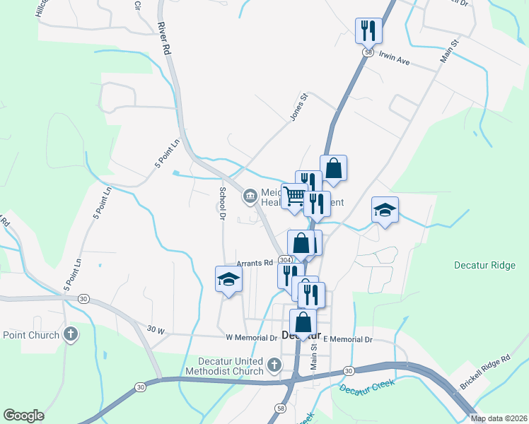 map of restaurants, bars, coffee shops, grocery stores, and more near 360 River Road in Decatur