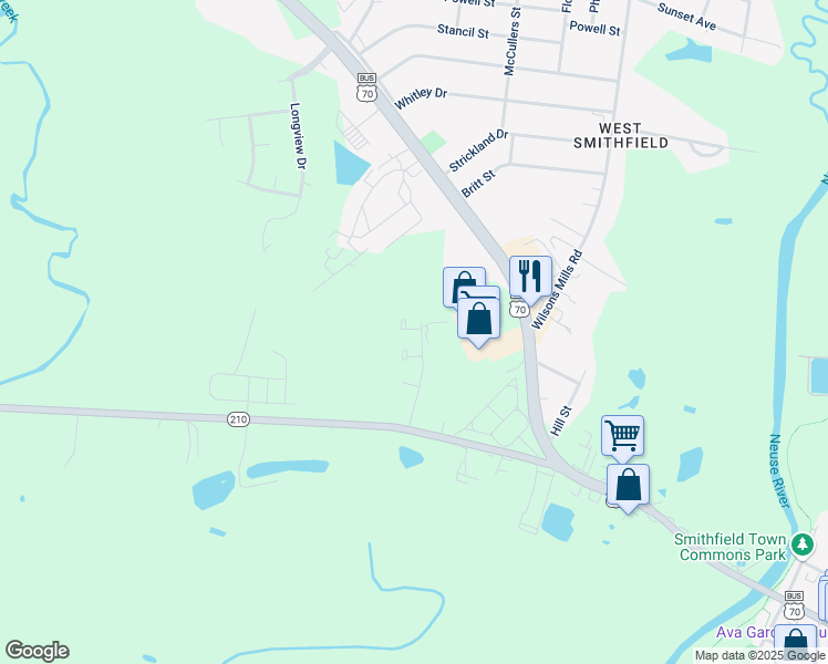 map of restaurants, bars, coffee shops, grocery stores, and more near 206 Skyland Drive in Smithfield