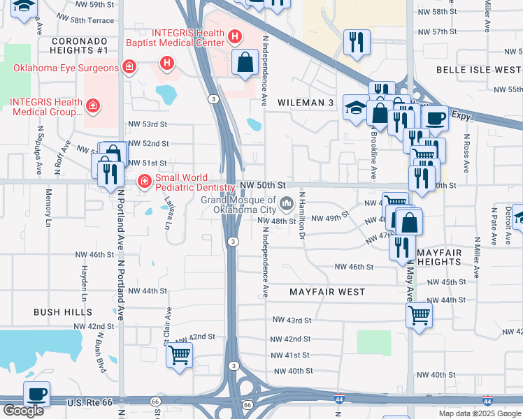 map of restaurants, bars, coffee shops, grocery stores, and more near 5005 North Independence Avenue in Oklahoma City