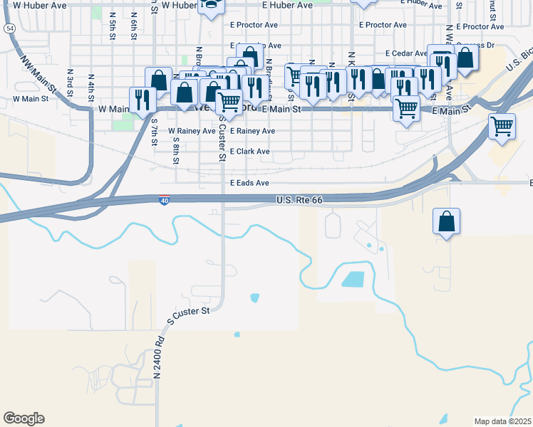 map of restaurants, bars, coffee shops, grocery stores, and more near 100 South Access Road in Weatherford