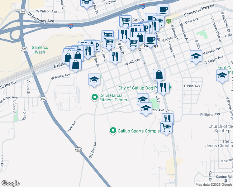map of restaurants, bars, coffee shops, grocery stores, and more near 602 South 7th Street in Gallup