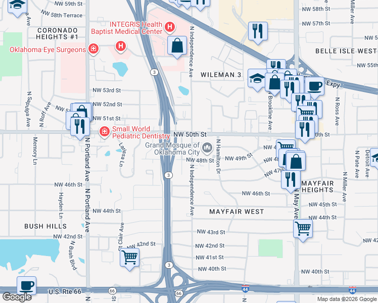 map of restaurants, bars, coffee shops, grocery stores, and more near 5005 North Independence Avenue in Oklahoma City