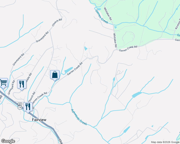 map of restaurants, bars, coffee shops, grocery stores, and more near 99999 Garren Creek Road in Fairview