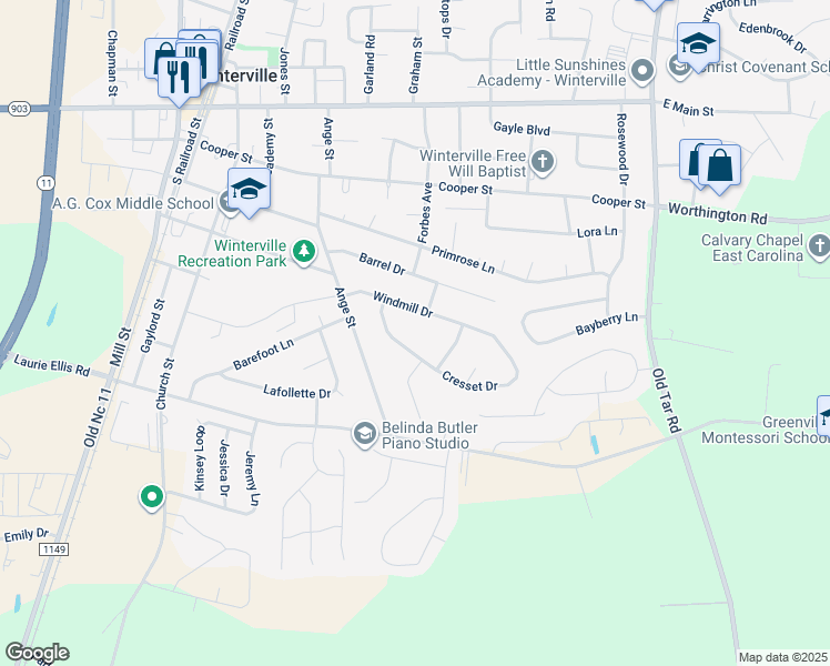 map of restaurants, bars, coffee shops, grocery stores, and more near 2753 Cresset Drive in Winterville