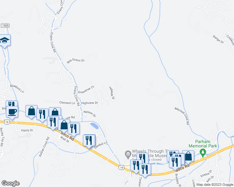 map of restaurants, bars, coffee shops, grocery stores, and more near 522 Highview Drive in Maggie Valley