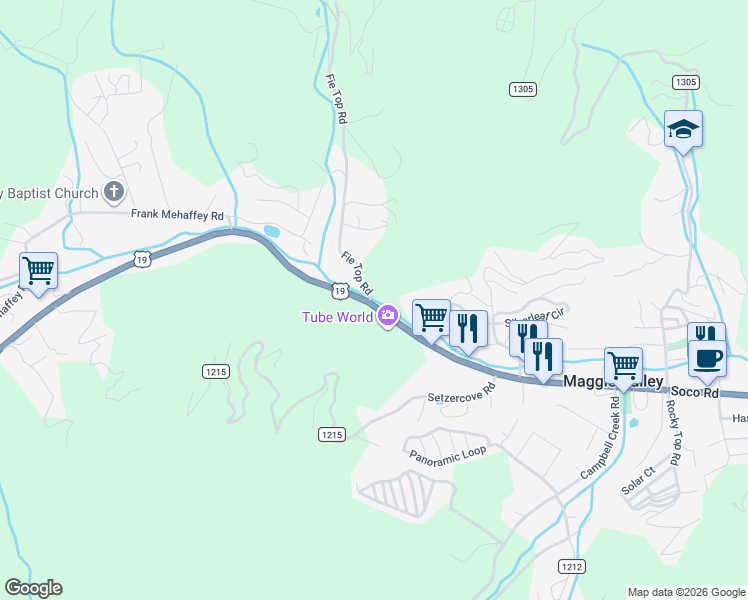 map of restaurants, bars, coffee shops, grocery stores, and more near Unnamed Road in Maggie Valley