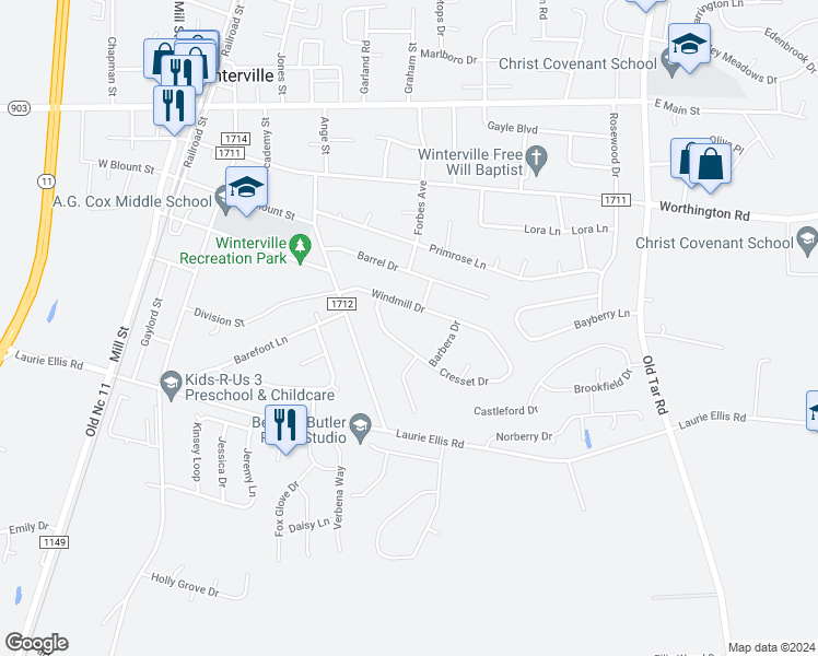 map of restaurants, bars, coffee shops, grocery stores, and more near 2753 Cresset Drive in Winterville