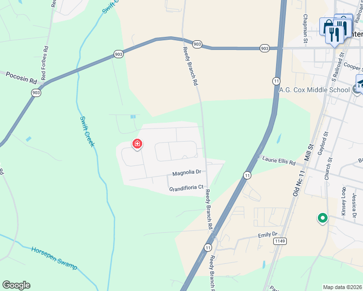 map of restaurants, bars, coffee shops, grocery stores, and more near 422 Crimson Drive in Winterville