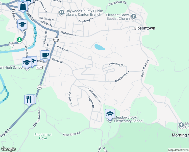 map of restaurants, bars, coffee shops, grocery stores, and more near 25 Haywood Drive in Canton