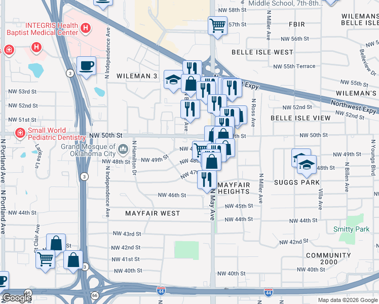 map of restaurants, bars, coffee shops, grocery stores, and more near 2927 Northwest 49th Street in Oklahoma City