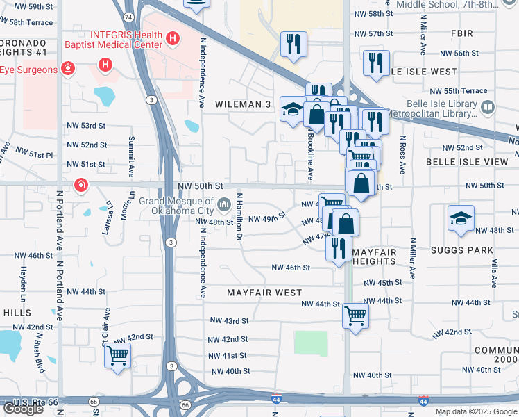 map of restaurants, bars, coffee shops, grocery stores, and more near 3125 Nimitz Boulevard in Oklahoma City