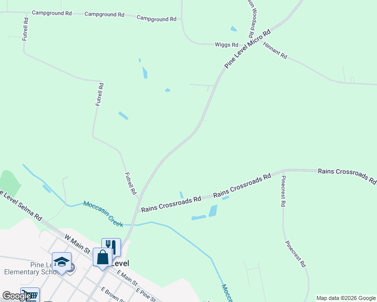 map of restaurants, bars, coffee shops, grocery stores, and more near 692 Pine Level Micro Road in Selma