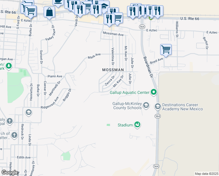 map of restaurants, bars, coffee shops, grocery stores, and more near 605 Zecca Drive in Gallup