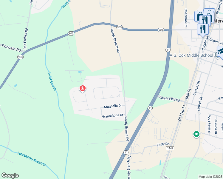 map of restaurants, bars, coffee shops, grocery stores, and more near 390 Crimson Drive in Winterville