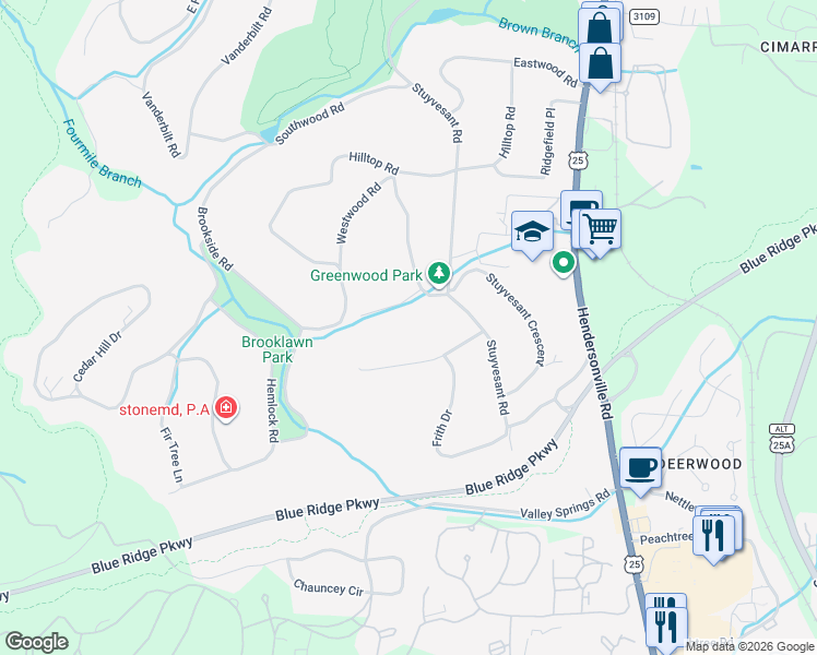 map of restaurants, bars, coffee shops, grocery stores, and more near 4 Greenwood Place in Biltmore Forest
