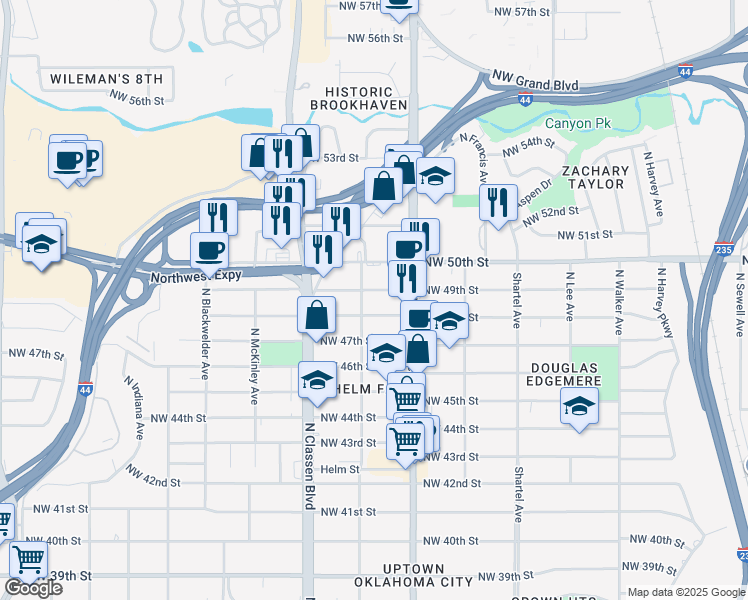 map of restaurants, bars, coffee shops, grocery stores, and more near 1134 Northwest 49th Street in Oklahoma City
