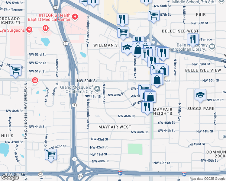 map of restaurants, bars, coffee shops, grocery stores, and more near 3125 Nimitz Boulevard in Oklahoma City