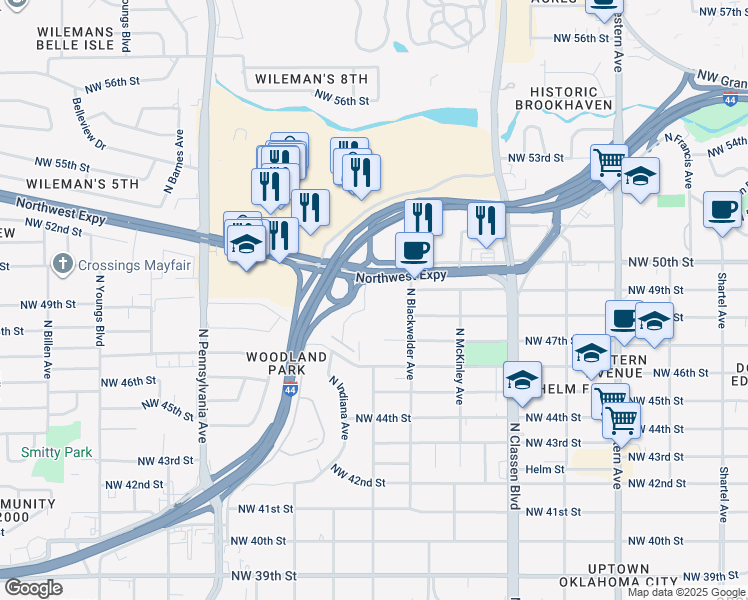 map of restaurants, bars, coffee shops, grocery stores, and more near 1608 Northwest Expressway in Oklahoma City