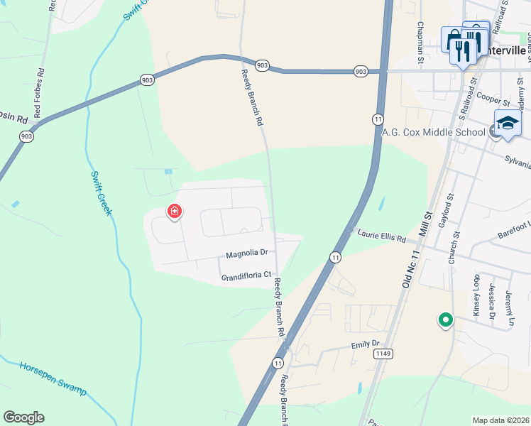 map of restaurants, bars, coffee shops, grocery stores, and more near 419 Crimson Drive in Winterville