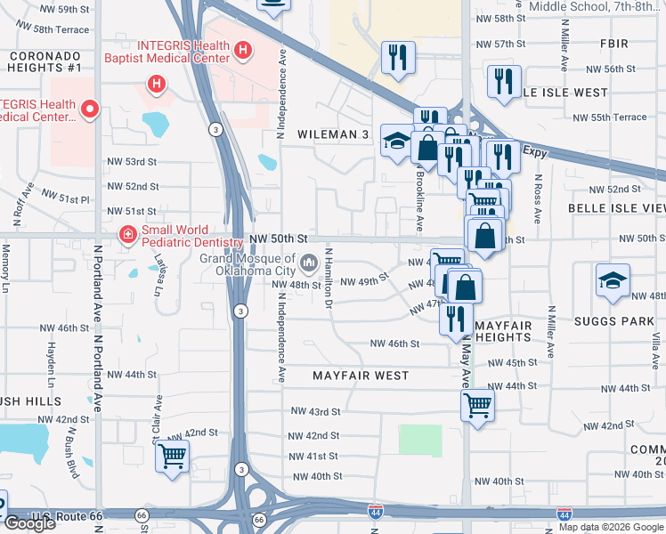 map of restaurants, bars, coffee shops, grocery stores, and more near 3155 Nimitz Boulevard in Oklahoma City
