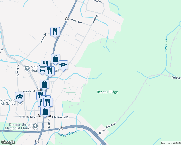 map of restaurants, bars, coffee shops, grocery stores, and more near 240 West Park Circle in Decatur