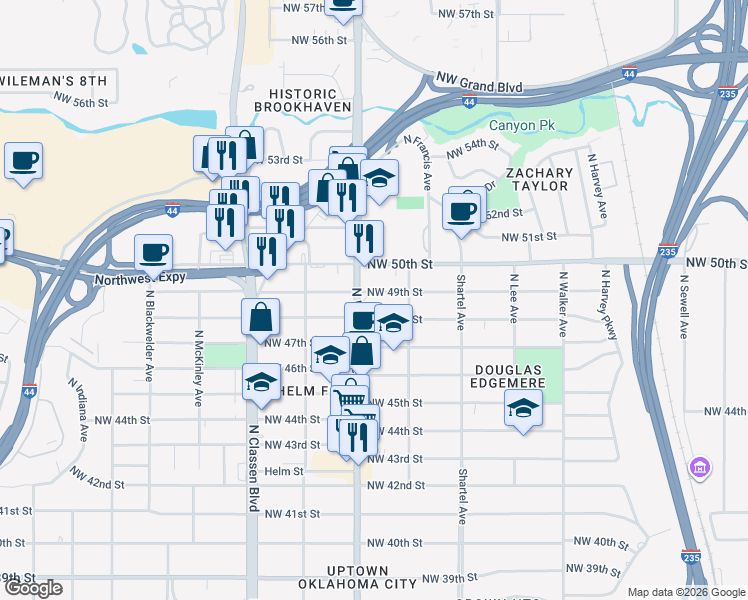 map of restaurants, bars, coffee shops, grocery stores, and more near 917 Northwest 49th Street in Oklahoma City