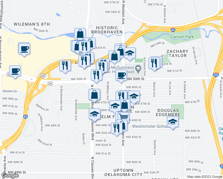 map of restaurants, bars, coffee shops, grocery stores, and more near 1137 Northwest 49th Street in Oklahoma City