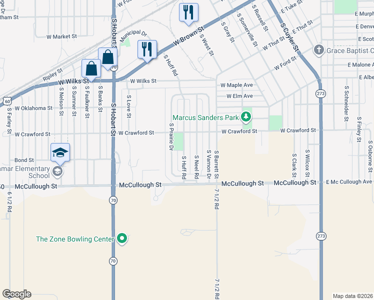 map of restaurants, bars, coffee shops, grocery stores, and more near 1100-1172 South Neel Road in Pampa