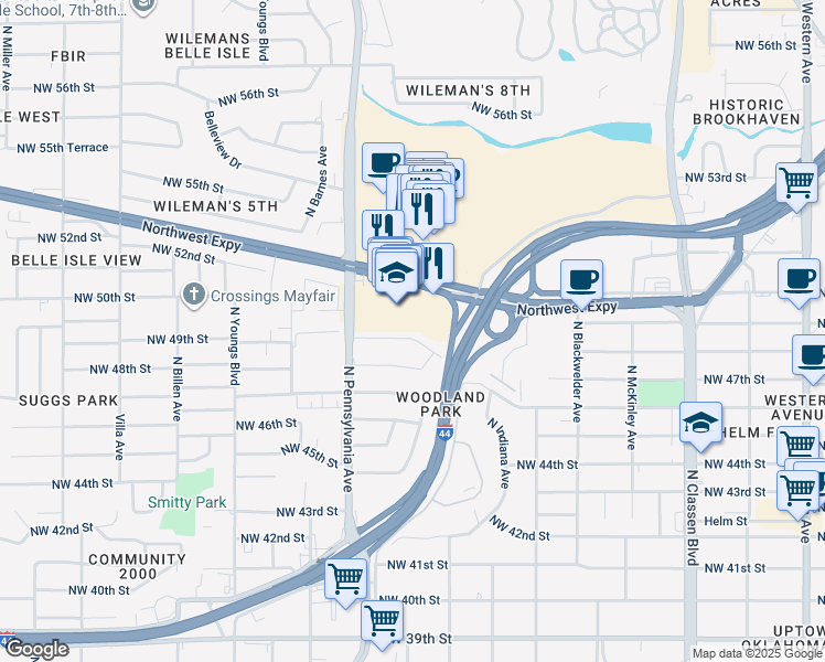 map of restaurants, bars, coffee shops, grocery stores, and more near 2029 Mattern Drive in Oklahoma City